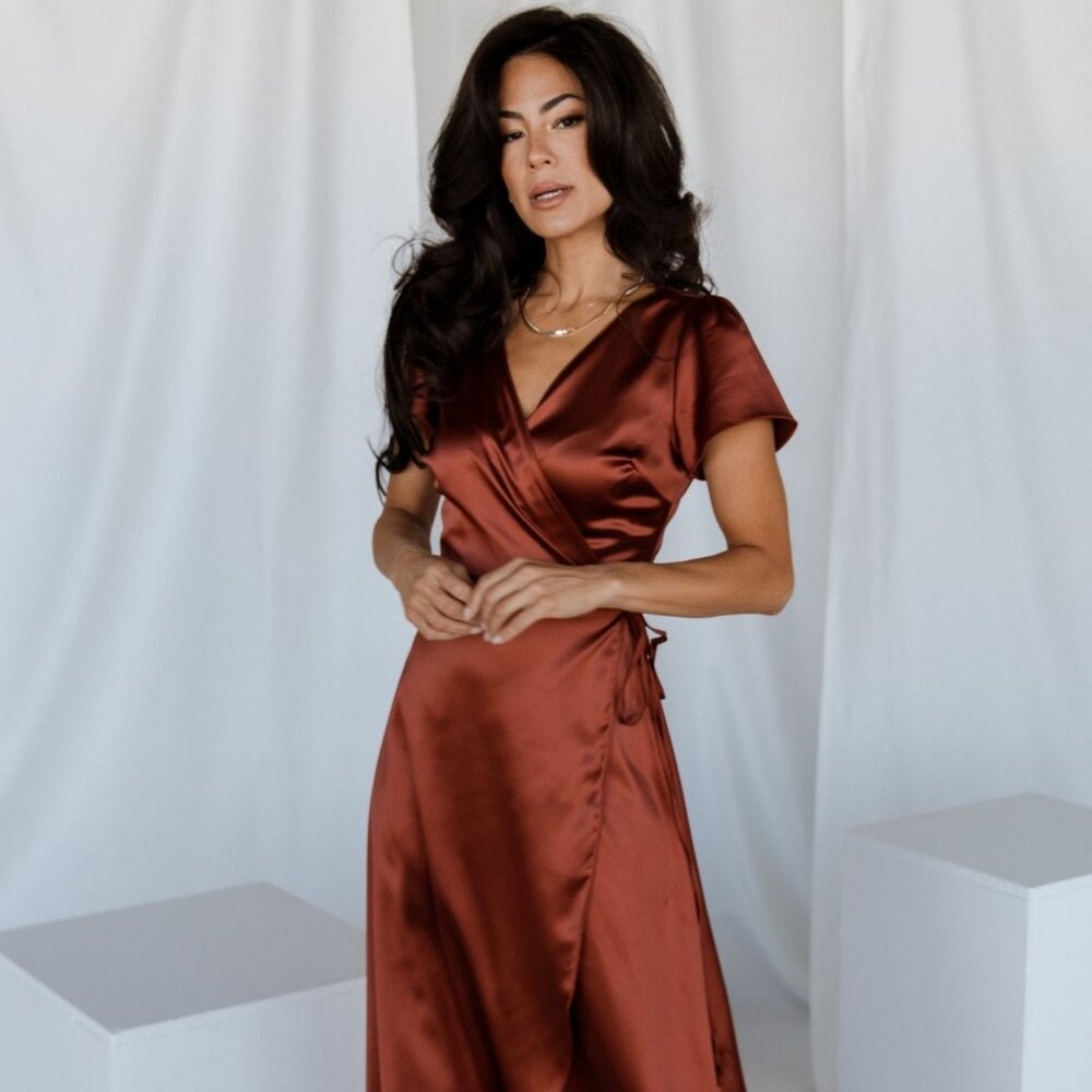 Baltic Born Krystal Satin Wrap Gown | Cinnamon Size L